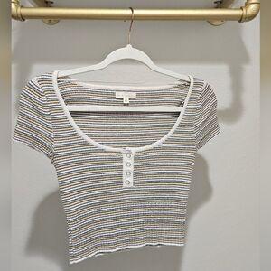 La Hearts Striped Button Crop Top - Black, White, Tan